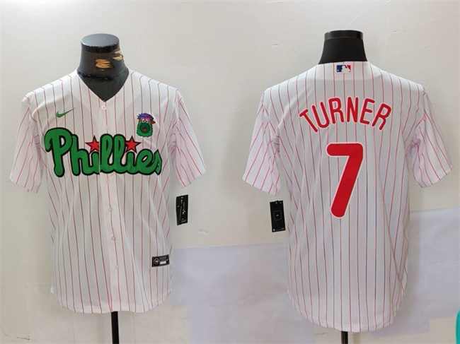 Men's Philadelphia Phillies #7 Trea Turner White/Green Cool Base Stitched Jersey